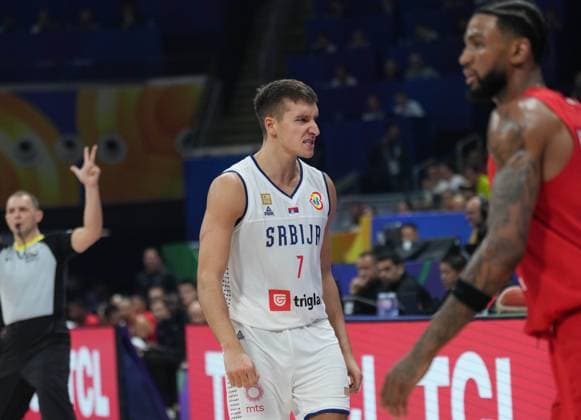 (230908) -- MANILA, Sept. 8, 2023 -- Serbia s Bogdan Bogdanovic (C) reacts during the semifinal between Serbia and Canada at the 2023 FIBA World Cup in Manila, the Philippines, Sept. 8, 2023. ) (SP)PHILIPPINES-MANILA-BASKETBALL-FIBA WORLD CUP-SEMIFINAL-SRB VS CAN MengxYongmin 