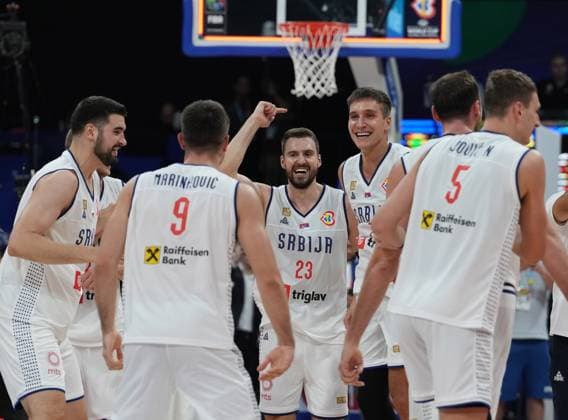 (230908) -- MANILA, Sept. 8, 2023 -- Serbia s players celebrate winning the semifinal between Serbia and Canada at the 2023 FIBA World Cup in Manila, the Philippines, Sept. 8, 2023. ) (SP)PHILIPPINES-MANILA-BASKETBALL-FIBA WORLD CUP-SEMIFINAL-SRB VS CAN MengxYongmin 