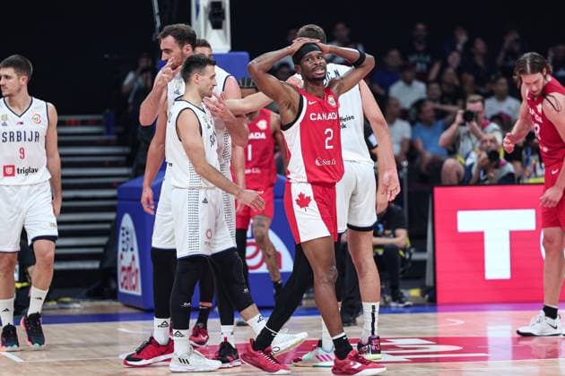 (230908) -- MANILA, Sept. 8, 2023 -- Canada s Shai Gilgeous-Alexander (front R) reacts after the semifinal between Serbia and Canada at the 2023 FIBA World Cup in Manila, the Philippines, Sept. 8, 2023. ) (SP)PHILIPPINES-MANILA-BASKETBALL-FIBA WORLD CUP-SEMIFINAL-SRB VS CAN WuxZhuang 