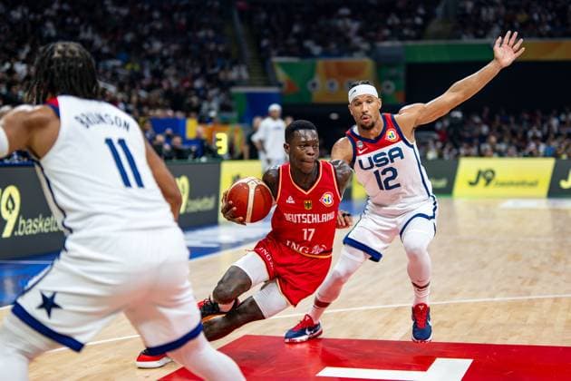 Basketball Manila Pasay 08 09 2023 FIBA Basketball World Cup 2023 Mens World Cup Semifinals United States of America USA Germany GER Dennis Schröder Schroeder Germany, No 17 Schröder Schroder JOSH HART USA, No 12
