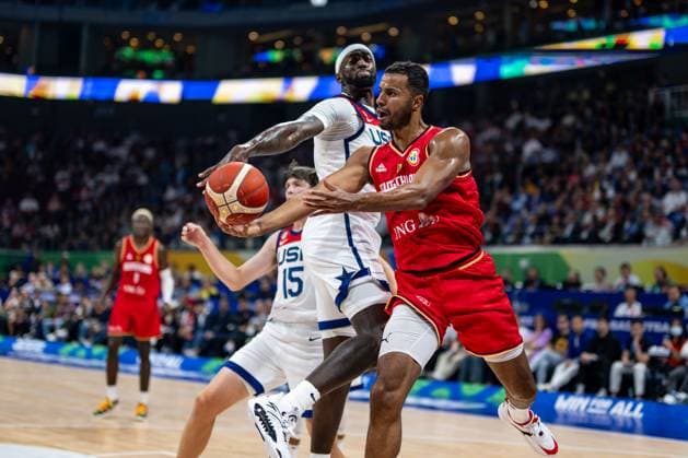 Basketball Manila Pasay 08 09 2023 FIBA Basketball World Cup 2023 Mens World Cup Semifinals United States of America USA Germany GER Johannes Thiemann Germany, No 32 BOBBY PORTIS JR USA, No 09