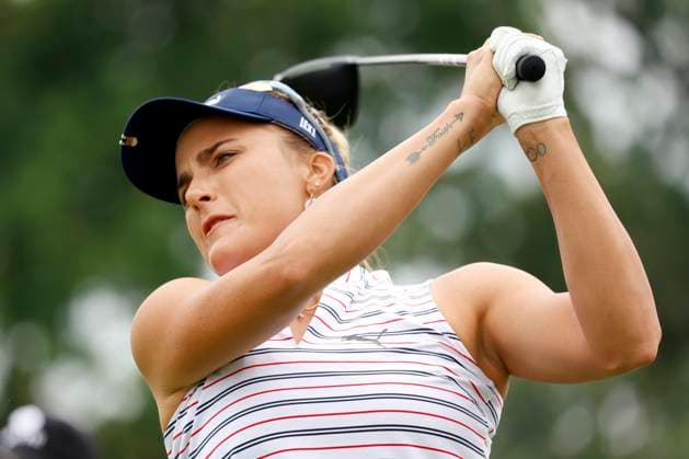 CINCINNATI, OH - SEPTEMBER 08: LPGA, Golf Damen golfer LexiThompson hits her tee shot on the 9th hole during the second round of the Kroger Queen City Championship at the Kenwood Country Club in Cincinnati, Ohio. (Photo by Brian Spurlock Icon Sportswire) GOLF: SEP 08 LPGA Kroger Queen City Championship EDITORIAL USE ONLY Icon230908034