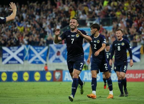 Euro 2024 Cyprus Scotland Soccer Scotland s John McGinn celebrates after scoring against Cyprus during the Euro 2024 group A qualifying soccer match between Cyprus and Scotland at AEK arena stadium in Larnaca. Cyprus, Friday, Sept. 8, 2023. Larnaca Cyprus  Copyright: xDanilxShamkinx originalFilename:shamkin-notitle230908_npchr.jpg