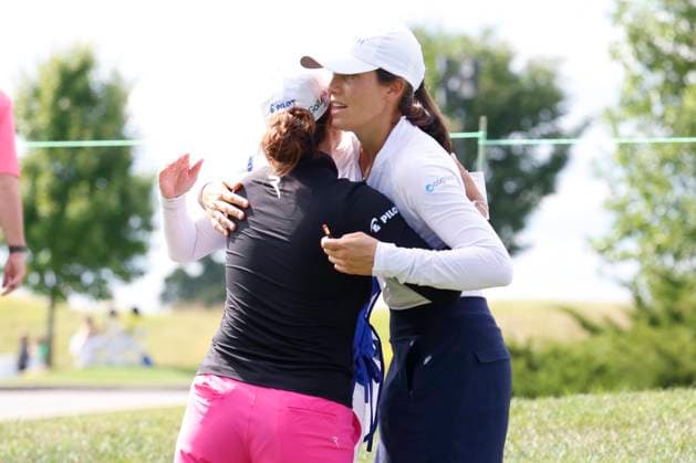 CINCINNATI, OH - SEPTEMBER 08: LPGA, Golf Damen golfer Marina Alex gives a hug to Albany Valenzuela who withdraws on the 10th hole during the second round of the Kroger Queen City Championship at the Kenwood Country Club in Cincinnati, Ohio. (Photo by Brian Spurlock Icon Sportswire) GOLF: SEP 08 LPGA Kroger Queen City Championship EDITORIAL USE ONLY Icon230908061