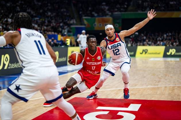 Basketball Manila Pasay 08 09 2023 FIBA Basketball World Cup 2023 Mens World Cup Semifinals United States of America USA Germany GER Dennis Schröder Schroeder Germany, No 17 Schröder Schroder JOSH HART USA, No 12