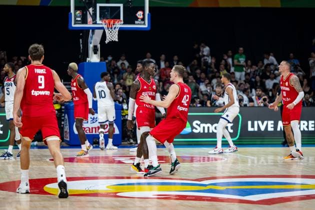 Basketball Manila Pasay 08 09 2023 FIBA Basketball World Cup 2023 Mens World Cup Semifinals United States of America USA Germany GER Dennis Schröder Schroeder Germany, No 17 Schröder Schroder Andreas Obst Germany, No 42 Jubel