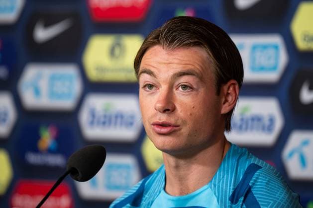 230909 Patrick Berg of the Norwegian national football team during a press conference on September 9, 2023 in Oslo Photo Vegard Grott BILDBYRAN kod VG VG0517 bbeng fotball football soccer football uefa euro 2024 em qualification em kvalik press conference press conference press conference norge norway  Copyright: VEGARDxGRoTT BB230909VG002