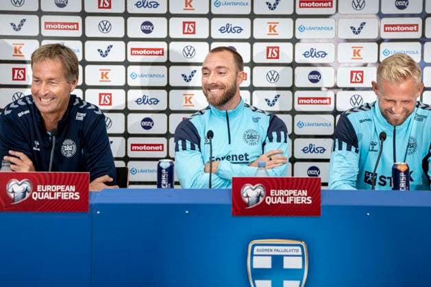 Danish coach Kasper Hjulmand L and players Christian Eriksen C and Kasper Schmeichel reacts during a press conference before the Euro 2024 group H qualifying match against Finland in Helsinki, Finland, Saturday September 9, 2023 , Denmark  Copyright: RitzauxScanpix MadsxClausxRasmussenx COP14470 spdk20230909-152445-L