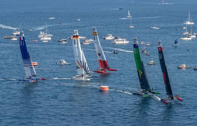 Bilder des Jahres 2023, Sport 09 September Sport Themen der Woche KW36 Mandatory Credit: Photo by Ricardo Pinto for SailGP Shutterstock (14088264b) The SailGP fleet in action on Race Day 1 of the France Sail Grand Prix in Saint-Tropez, France. 9th September 2023. Photo: Ricardo Pinto for SailGP. Handout image supplied by SailGP SailGP Event 3 Season 4 Saint-Tropez, France SailGP Event 3 Season 4 Saint-Tropez, France  Copyright: xRicardoxPintoxforxSailGP Shutterstockx 14088264b