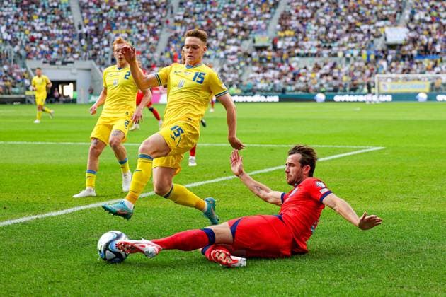 Ukraine v England UEFA European 2024 Qualifier 09 09 2023. Ben Chilwell of England crosses the ball during the UEFA European 2024 Qualifier match between Ukraine and England at Wroclaw Stadium, Wroclaw, Poland on 9 September 2023. Editorial use only , Copyright: xNigelxKeenex PSI-17984-0010