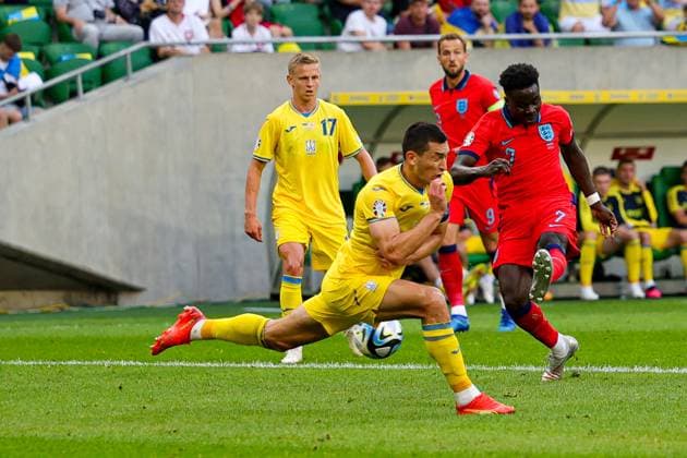 Ukraine v England UEFA European 2024 Qualifier 09 09 2023. Bukayo Saka (7) of England shoots towards the goal during the UEFA European 2024 Qualifier match between Ukraine and England at Wroclaw Stadium, Wroclaw, Poland on 9 September 2023. Editorial use only , Copyright: xNigelxKeenex PSI-17984-0022