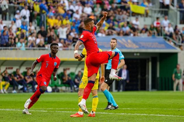 Ukraine v England UEFA European 2024 Qualifier 09 09 2023. Goal 1-1 Kyle Walker (12) of England scores a goal and celebrates during the UEFA European 2024 Qualifier match between Ukraine and England at Wroclaw Stadium, Wroclaw, Poland on 9 September 2023. Editorial use only , Copyright: xNigelxKeenex PSI-17984-0025