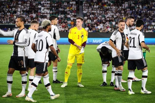 Goalkeeper Marc Andre ter Stegen Germany with f l Leroy Sane Germany , Serge Gnabry Germany , Kai Havertz Germany , Antonio Rüdiger Germany , Joshua Kimmich Germany , Niklas Süle Germany , İlkay Gündogan Germany friendly match Germany vs Japan at VW Arena in Wolfsburg Action,Soccer,Man,Men,Germany,09 09 2023