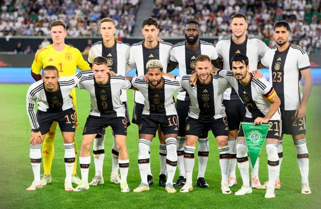 Team GER, back f l goalkeeper Marc Andre TER STEGEN GER , Nico SCHLOTTERBECK GER , Kai HAVERTZ GER , Antonio RUEDIGER Rüdiger GER , Niklas SUELE Süle GER , Emre CAN GER , front f l Leroy SANE GER , Florian WIRTZ GER , Serge GNABRY GER , Joshua KIMMICH GER , lkay GUENDOGAN Gündogan GER Football friendly match, Germany GER Japan JPN 1 4, on 09 09 2023 in Wolfsburg Germany Â
