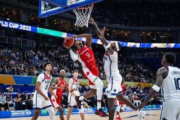 Basketball Manila Pasay 10 09 2023 FIBA Basketball World Cup 2023 Mens World Championship Match for 3rd Place Bronze United States of America USA Canada CAN RJ Barrett Canada, No 09 BOBBY PORTIS JR USA, No 09