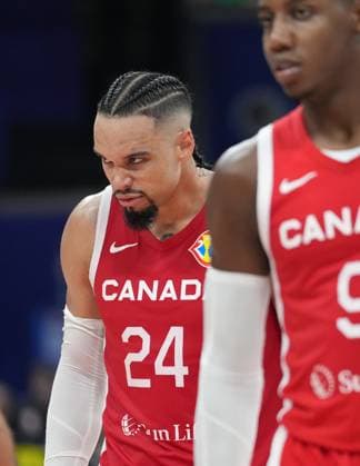(230910) -- MANILA, Sept. 10, 2023 -- Dillon Brooks (L) of Canada reacts during the 3rd place game between the United States and Canada at the 2023 FIBA World Cup in Manila, the Philippines, Sept. 10, 2023. ) (SP)PHILIPPINES-MANILA-BASKETBALL-FIBA WORLD CUP-3RD PLACE GAME-USA VS CAN MengxYongmin 
