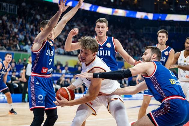 Basketball Manila Pasay 10 09 2023 FIBA Basketball World Cup 2023 Mens World Cup Final Germany GER Serbia SRB Moritz Wagner Germany, No 13 Aleksa Avramovic Serbia, No 30 Nikola Jovic Serbia, No 05 Marko Guduric Serbia, No 23