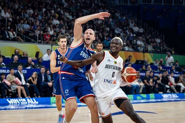 Basketball Manila Pasay 10 09 2023 FIBA Basketball World Cup 2023 Mens World Cup Final Germany GER Serbia SRB Isaac Bonga Germany, No 00 Dejan Davidovac Serbia, No 27