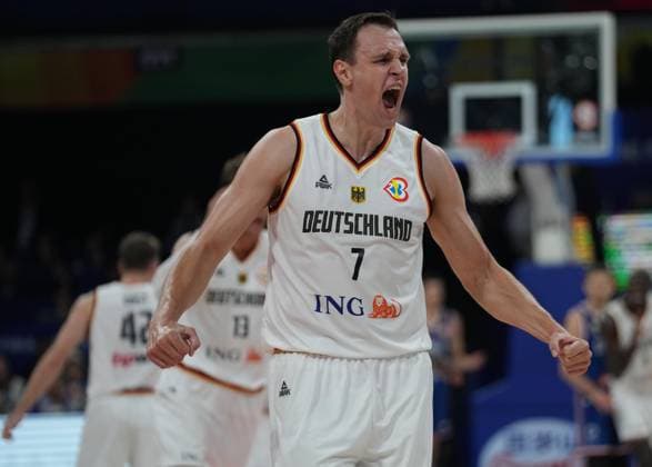 (230910) -- MANILA, Sept. 10, 2023 -- Johannes Voigtmann of Germany celebrates during the final between Germany and Serbia at the 2023 FIBA World Cup in Manila, the Philippines, Sept. 10, 2023. ) (SP)PHILIPPINES-MANILA-BASKETBALL-FIBA WORLD CUP-FINAL-GER VS SRB MengxYongmin 