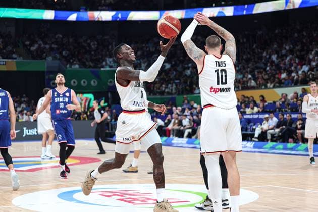 (230910) -- MANILA, Sept. 10, 2023 -- Dennis Schroder (front L) of Germany reacts during the final between Germany and Serbia at the 2023 FIBA World Cup in Manila, the Philippines, Sept. 10, 2023. ) (SP)PHILIPPINES-MANILA-BASKETBALL-FIBA WORLD CUP-FINAL-GER VS SRB WuxZhuang 