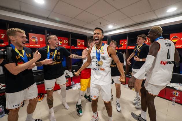 Basketball Manila Pasay 10 09 2023 FIBA Basketball World Cup 2023 Mens World Cup Final Germany GER Serbia SRB Germany is World Champion Booth Cheers Nils Giffey Germany, No 05 Daniel Theis Germany, No 10 Johannes Thiemann Germany, No 32 Isaac Bonga Germany, No 00