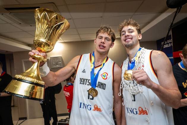 Basketball Manila Pasay 10 09 2023 FIBA Basketball World Cup 2023 Mens World Cup Final Germany GER Serbia SRB Germany is World Champion Booth Cheering Moritz Wagner Germany, No 13 Franz Wagner Germany, No 09