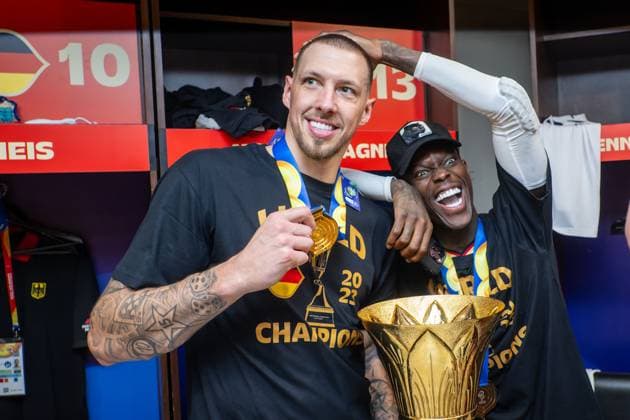 Basketball Manila Pasay 10 09 2023 FIBA Basketball World Cup 2023 Mens World Cup Final Germany GER Serbia SRB Germany is World Champion Cabin Cheering Daniel Theis Germany, No 10 Dennis Schröder Schroeder Germany, No 17 Schröder Schroder