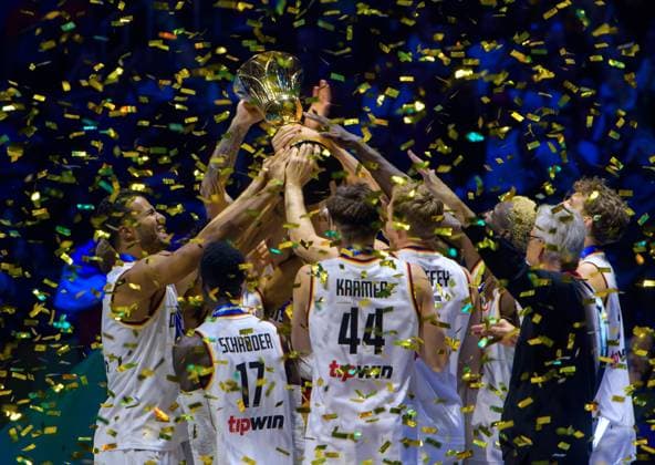 September 10, 2023, Manila, Philippines: German team celebrates a 83-77 win over Serbia during FIBA World Cup Basketball Final at the Mall of Asia Arena Manila Philippines. Manila Philippines - ZUMAr144 20230910_zap_r144_029 Copyright: xJaynexRussellx