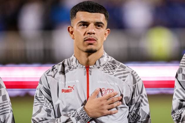 PRISTINA, KOSOVO SEPTEMBER 9 Zeki Amdouni of Switzerland as he line up for the National Anthems during the UEFA EURO 2024 European qualifier match between Kosovo and Switzerland at Fadil Vokrri Stadium on September 9, 2023 in Pristina, Kosovo Pristina Fadil Vokrri Stadium Kosovo Copyright: xJustPictures.ch NikolaxKrsticx jp-en-EuSpIm-_S2A2358 20230909
