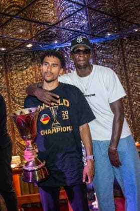 Basketball Manila Pasay 11 09 2023 FIBA Basketball World Cup 2023 Mens World Cup Final Germany GER Serbia SRB Germany is world champion party after the game at night at The Peninsula Manila Hotel Maodo Lo Germany, No 04 Isaac Bonga Germany, No 00