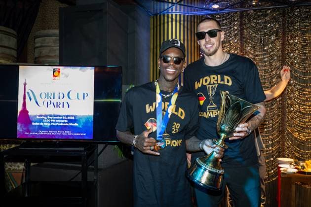 Basketball Manila Pasay 11 09 2023 FIBA Basketball World Cup 2023 Mens World Cup Final Germany GER Serbia SRB Germany is world champion party after the game at night at The Peninsula Manila hotel Dennis Schröder Schroeder Germany, No 17 Schröder Schroder Daniel Theis Germany, No 10 re