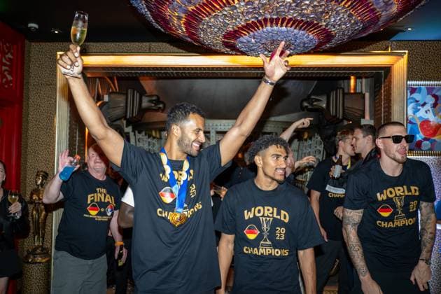 Basketball Manila Pasay 11 09 2023 FIBA Basketball World Cup 2023 Mens World Cup Final Germany GER Serbia SRB Germany is World Champion Party after the game at night at The Peninsula Manila Hotel Johannes Thiemann Germany, No 32 Maodo Lo Germany, No 04 Daniel Theis Germany, No 10 vlnr
