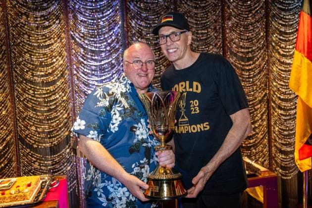 Basketball Manila Pasay 11 09 2023 FIBA Basketball World Cup 2023 Mens World Cup Final Germany GER Serbia SRB Germany is World Champion Party after the game at night at The Peninsula Manila Hotel DBB President Ingo Weiß Weiss with Gordon Herbert Germany, national coach