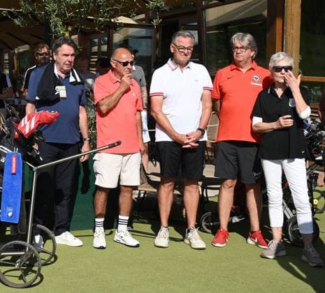 11 09 2023 Gründau Golfpark Gut Hühnerhof Eintracht Frankfurt Golf Open Ex Eintracht CEO Heribert Bruchhagen Ex Chairman of the Supervisory Board Eintracht Frankfurt Jürgen Neppe, Eintracht Frankfurt Board Advisor Rainer Falkenhain, Jutta Hölzenbein,