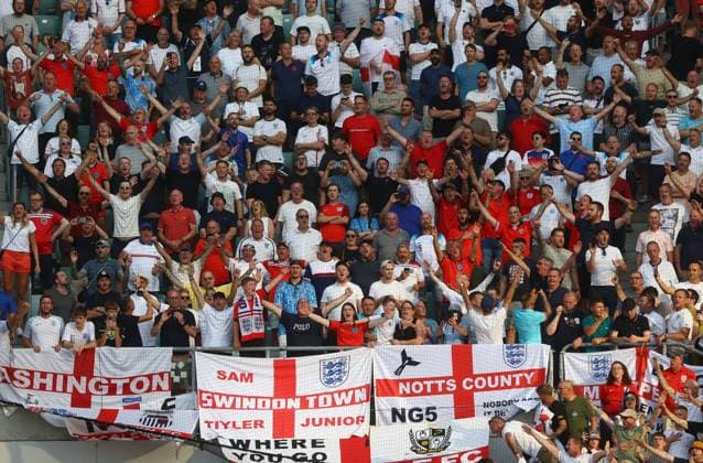 Mandatory Credit: Photo by Kieran McManus Shutterstock (14088371ft) England fans cheer their team on Ukraine v England, UEFA European Championship, EM, Europameisterschaft 2024 Qualifying, Group C, Football, Tarczynski Arena, Wroclaw, Poland - 09 Sep 2023 EDITORIAL USE ONLY No use with unauthorised audio, video, data, fixture lists, club league logos or live services. Online in-match use limited to 120 images, no video emulation. No use in betting, games or single club league player publications. Ukraine v England, UEFA European Championship 2024 Qualifying, Group C, Football, Tarczynski Arena, Wroclaw, Poland - 09 Sep 2023 EDITORIAL USE ONLY No use with unauthorised audio, video, data, fixture lists, club league logos or live services. Online in-match use limited to 120 images, no video emulation. No use in betting, games or single club league player publications. Copyright: xKieranxMcManus Shutterstockx 14088371ft