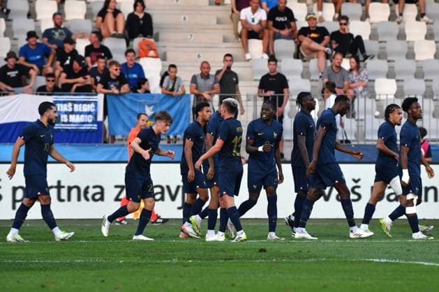Team France celebrate score during the 2025 UEFA European Under-21 Championship Qualification football match Group H between Slovenia and France FOOTBALL : SlovÃ nie vs France - Championnat d Europe des moins de 21 ans UEFA - Match de qualification Groupe H - 11 09 2023 NatasaKupljenik Panoramic 