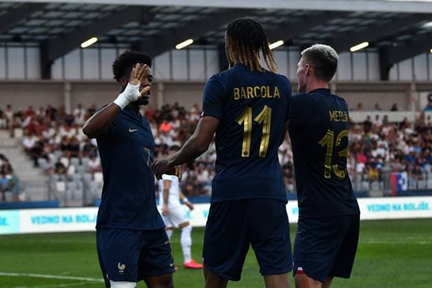 Team France celebrate score during the 2025 UEFA European Under-21 Championship Qualification football match Group H between Slovenia and France FOOTBALL : SlovÃ nie vs France - Championnat d Europe des moins de 21 ans UEFA - Match de qualification Groupe H - 11 09 2023 NatasaKupljenik Panoramic 
