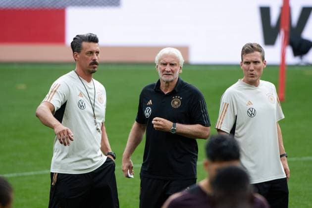 Interim coaching team Sandro Wagner Germany, co coach , Rudi Voeller Germany, coach and director national teams , Hannes Wolf Germany, co coach and head of youth , GER, DFB national football team men, MD 1 final training before Germany vs France, season 2023 2024, 11 09 2023 DFB regulations prohibit any use of photographs as image sequences and or quasi video GER, DFB national football team men, MD 1 final training before Germany vs France, season 2023 2024, 11 09 2023 Dortmund Copyright: xEibner-Pressefoto Memmlerx EP_MMR