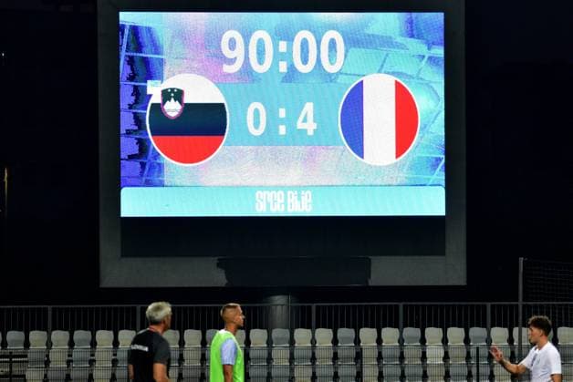Final score after the 2025 UEFA European Under-21 Championship Qualification football match Group H between Slovenia and France FOOTBALL : SlovÃ nie vs France - Championnat d Europe des moins de 21 ans UEFA - Match de qualification Groupe H - 11 09 2023 IgorKupljenik Panoramic 