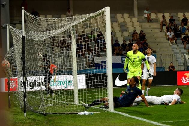Sekou Mara of France (R) in action against Martin Turk of Slovenia (L) during the 2025 UEFA European Under-21 Championship Qualification football match Group H between Slovenia and France FOOTBALL : SlovÃ nie vs France - Championnat d Europe des moins de 21 ans UEFA - Match de qualification Groupe H - 11 09 2023 NatasaKupljenik Panoramic 