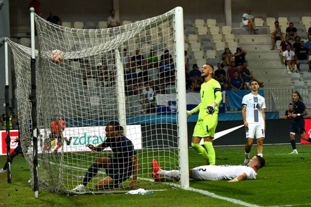 Sekou Mara of France (R) in action against Martin Turk of Slovenia (L) during the 2025 UEFA European Under-21 Championship Qualification football match Group H between Slovenia and France FOOTBALL : SlovÃ nie vs France - Championnat d Europe des moins de 21 ans UEFA - Match de qualification Groupe H - 11 09 2023 NatasaKupljenik Panoramic 