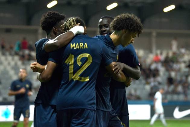 Team France celebrate score during the 2025 UEFA European Under-21 Championship Qualification football match Group H between Slovenia and France FOOTBALL : SlovÃ nie vs France - Championnat d Europe des moins de 21 ans UEFA - Match de qualification Groupe H - 11 09 2023 NatasaKupljenik Panoramic 