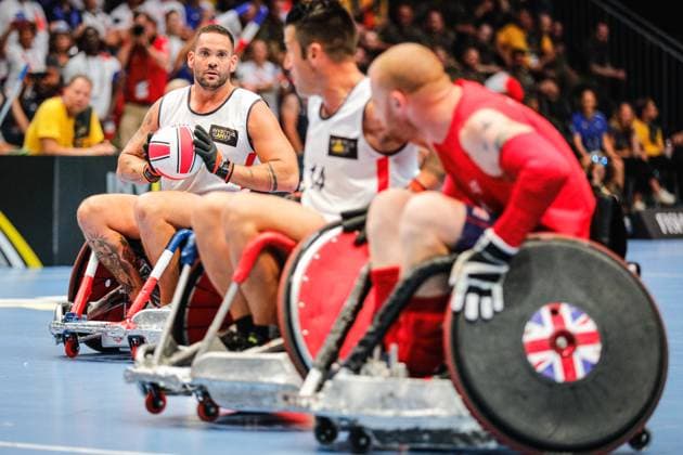 Bilder des Jahres 2023, Sport 09 September Sport Themen der Woche KW37 Sport Bilder des Tages Team UK win wheelchair rugby semi finals, Invictus Games Day 2, Düsseldorf, Germany Düsseldorf, Germany, 11th Sep 2023. French player Sebastian with the ball. Team UK win their mixed team wheelchair rugby semi final 26-19 against France and will be in the final against Team USA this evening Day 2 of the Invictus Games Düsseldorf in and around the Merkur Spiel Arena. 21 nations participate in the games this year., Credit:Imageplotter Avalon  Copyright: xImageplotterx xAvalonx 0303523310st