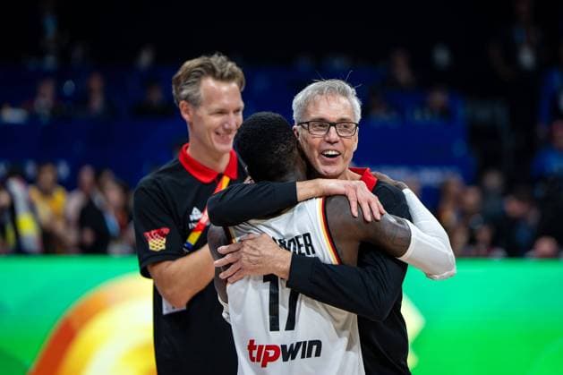 Basketball Manila Pasay 10 09 2023 FIBA Basketball World Cup 2023 Mens World Cup Final Germany GER Serbia SRB Germany wins the game 83 77 and is basketball world champion 2023 cheers Dennis Schröder Schroeder Germany, No 17 Schröder Schroder Gordon Herbert Germany, national coach