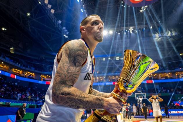 Basketball Manila Pasay 10 09 2023 FIBA Basketball World Cup 2023 Mens World Championship Final Germany GER Serbia SRB Germany wins the game 83 77 and is Basketball World Champion 2023 Cheers Daniel Theis Germany, No 10