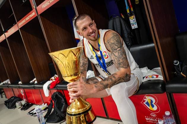 Basketball Manila Pasay 10 09 2023 FIBA Basketball World Cup 2023 Mens World Cup Final Germany GER Serbia SRB Germany wins the game 83 77 and is basketball world champion 2023 After the game in the team Germany booth Daniel Theis Germany, No 10