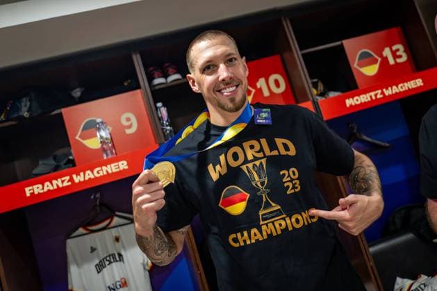Basketball Manila Pasay 10 09 2023 FIBA Basketball World Cup 2023 Mens World Cup Final Germany GER Serbia SRB Germany wins the game 83 77 and is basketball world champion 2023 After the game in the team Germany booth Daniel Theis Germany, No 10