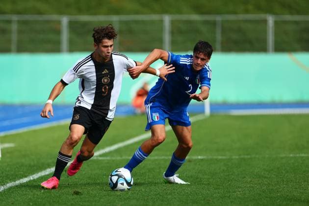 Taycan Ectibasi Germany in duel with Federico Colombo Italy Germany vs Italy, football, U17 Laenderspiel, 12 9 2023 DFB regulations prohibit any use of photographs as image sequences and or quasi video Germany vs Italy, football, U17 Laenderspiel, 12 9 2023 Bonn Copyright: xEibner-Pressefotox EP_FWR
