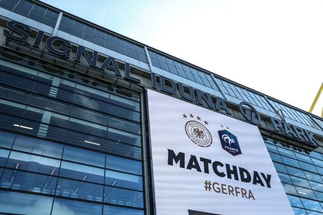 Sports, football, national team season 2023 2024 friendly international match Germany France 12 09 2023, SIGNAL IDUNA PARK Dortmund The stadium before the match with banners in DFB branding for match day Dortmund Signal Iduna Park Nordrhein Westfahlen Germany