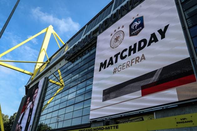 Sports, football, national team season 2023 2024 friendly international match Germany France 12 09 2023, SIGNAL IDUNA PARK Dortmund The stadium before the match with banners in DFB branding for match day Dortmund Signal Iduna Park Nordrhein Westfahlen Germany